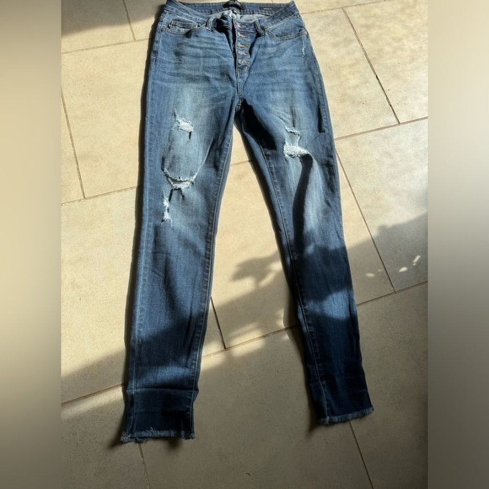 Judy Blue Button Fly High Rise Skinny Jeans Medium Wash‎ Distressed 9/29